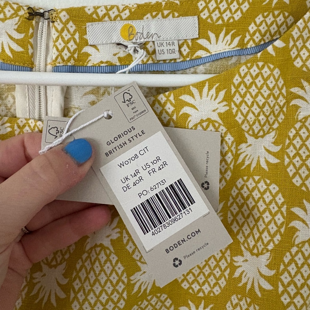 Boden NEW Pineapple Print Laurie Linen Midi Dress in Chartreuse Size 10 - Picture 4 of 6